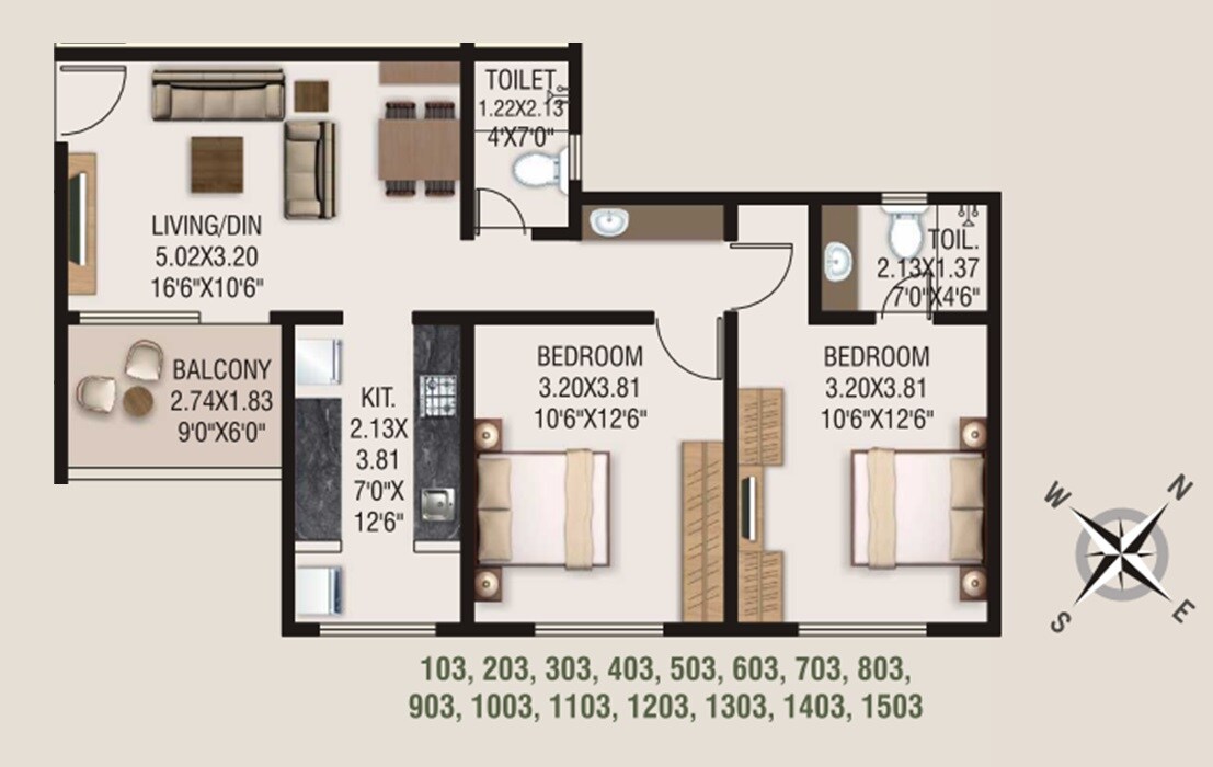 Floor plan of 2 BHK 732 Sq. Ft. Apartment in SS Blueroof Sylva, Pune