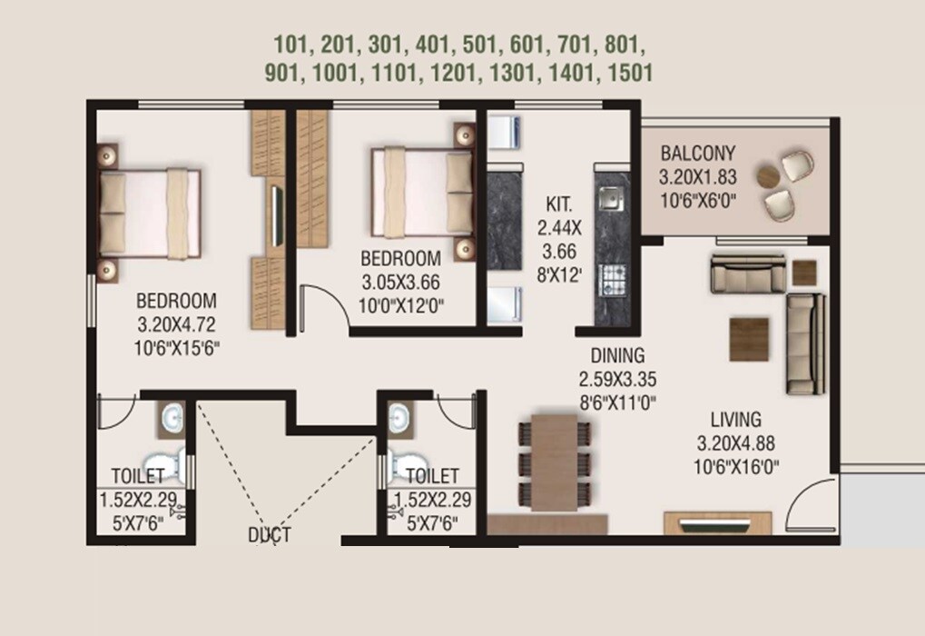 Floor plan of 2 BHK 857 Sq. Ft. Apartment in SS Blueroof Sylva, Pune