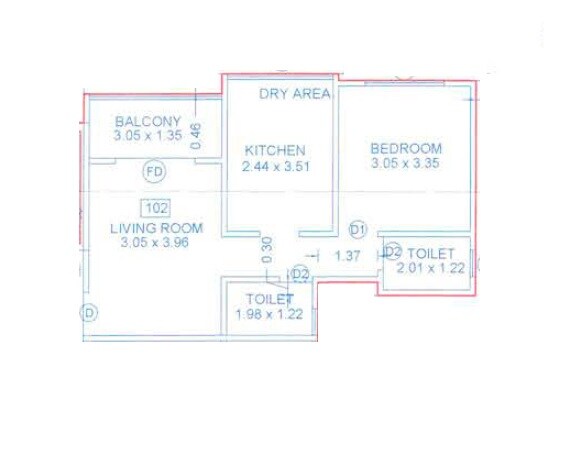 Floor plan of 1 BHK 385 Sq. Ft. Apartment in SSD Sai Aashiyana, Pune