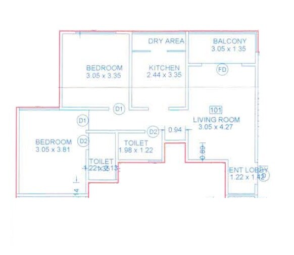Floor plan of 2 BHK 578 Sq. Ft. Apartment in SSD Sai Aashiyana, Pune