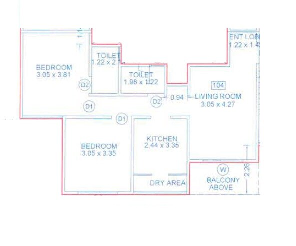 Floor plan of 2 BHK 617 Sq. Ft. Apartment in SSD Sai Aashiyana, Pune