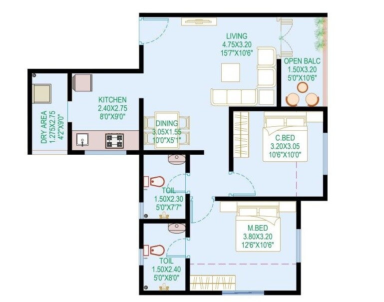 2 BHK 809 Sq. Ft. Apartment