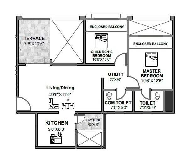 Floor plan of 2 BHK 754 Sq. Ft. Apartment in SSD Sai Luxuria, Pune