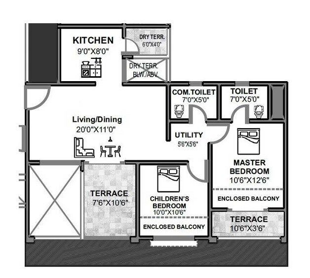Floor plan of 2 BHK 795 Sq. Ft. Apartment in SSD Sai Luxuria, Pune