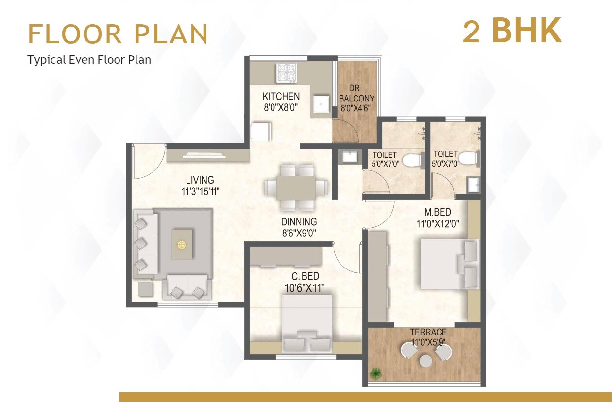 Floor plan of 2 BHK 785 Sq. Ft. Apartment in SSD Sai Pearl, Pune