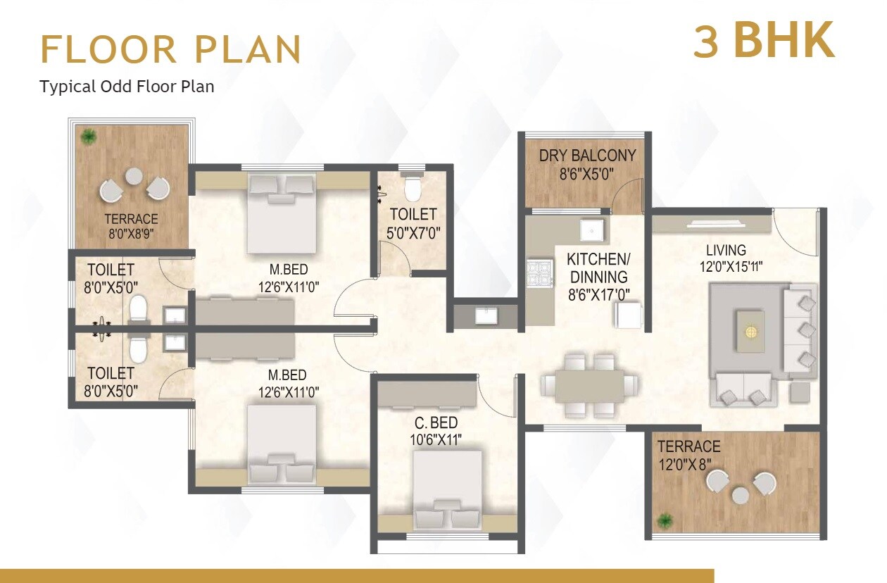 Floor plan of 3 BHK 1075 Sq. Ft. Apartment in SSD Sai Pearl, Pune