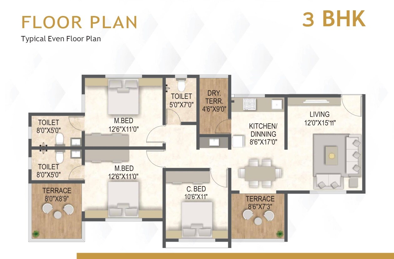 Floor plan of 3 BHK 1099 Sq. Ft. Apartment in SSD Sai Pearl, Pune