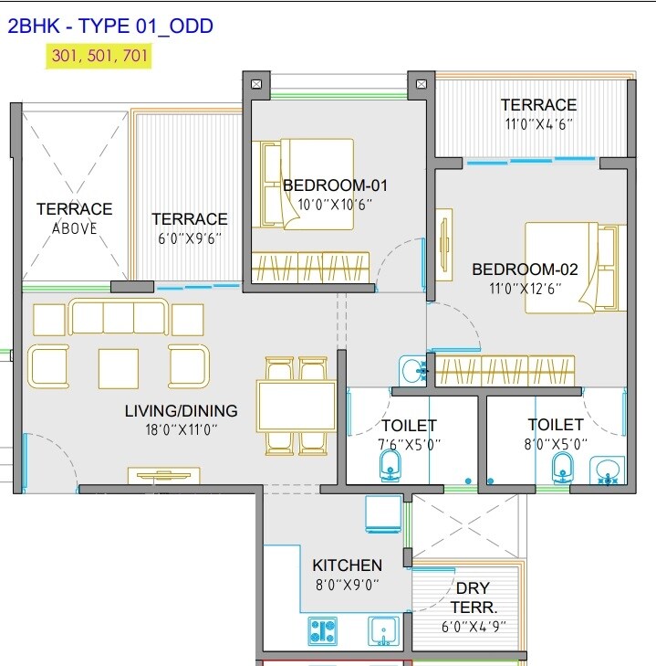 Floor plan of 2 BHK 661 Sq. Ft. Apartment in SSD Sai Vista, Pune