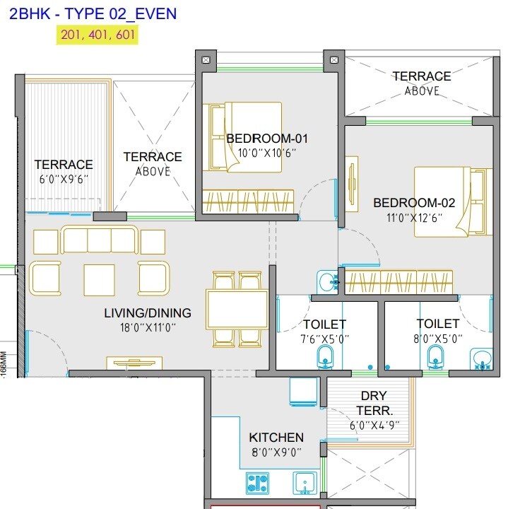 Floor plan of 2 BHK 806 Sq. Ft. Apartment in SSD Sai Vista, Pune