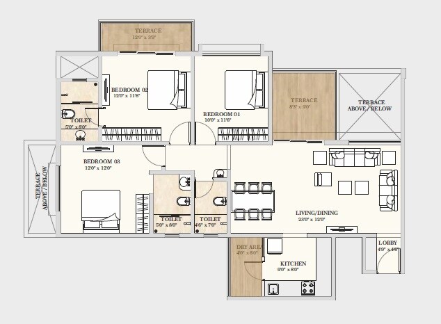 Floor plan of 3 BHK 1142 Sq. Ft. Apartment in SSD Sai Vista, Pune