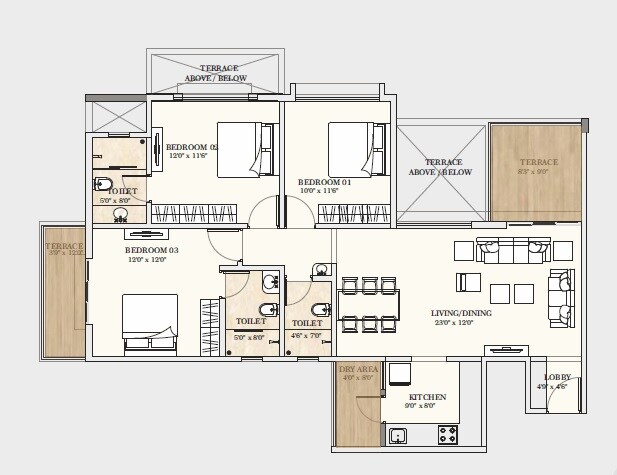 Floor plan of 3 BHK 1147 Sq. Ft. Apartment in SSD Sai Vista, Pune