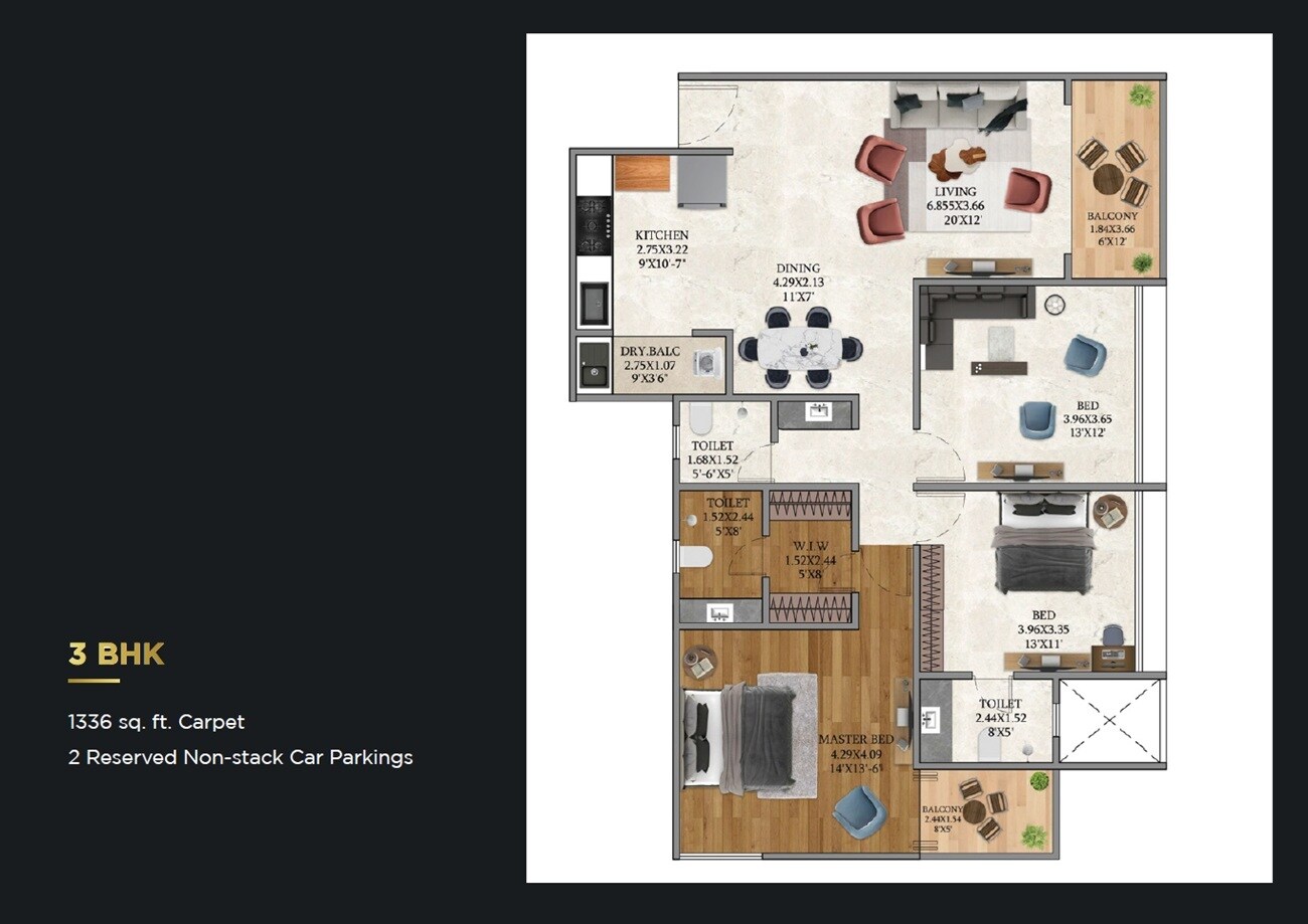 Floor plan of 3 BHK Apartment - 1336 sq. ft. in SSPL The Strand, Pune