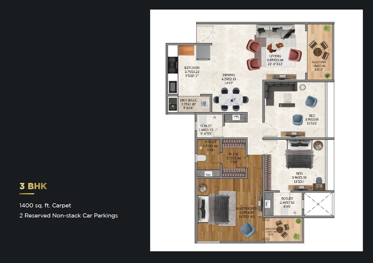 Floor plan of 3 BHK Apartment - 1400 sq. ft. in SSPL The Strand, Pune