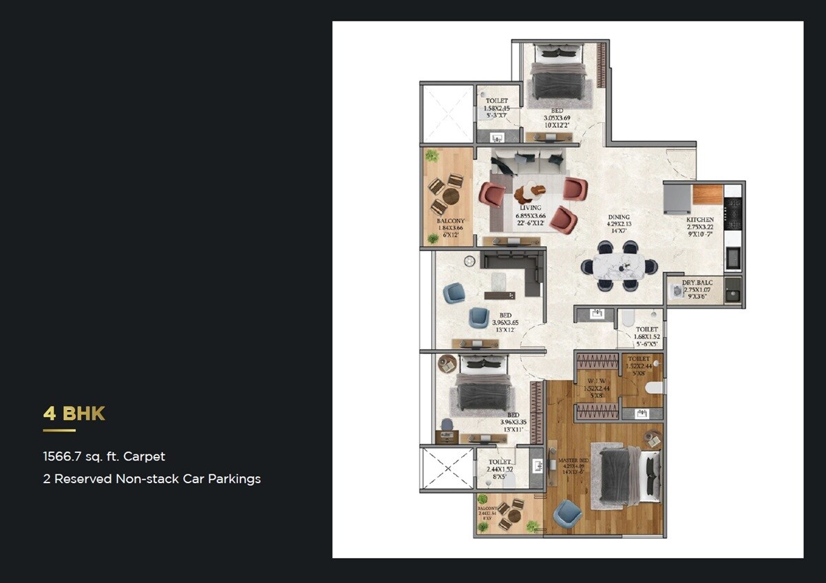 Floor plan of 4 BHK Apartment - 1567 sq. ft. in SSPL The Strand, Pune