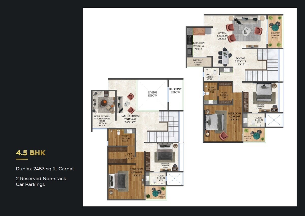 Floor plan of 4 BHK Apartment - 2453 sq. ft. in SSPL The Strand, Pune