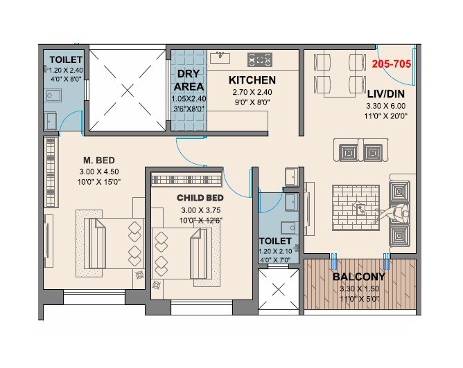 Floor plan of 2 BHK 782 Sq. Ft. Apartment in Steadfast Saffron Residency, Pune