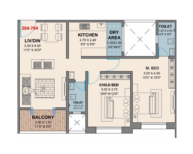 Floor plan of 2 BHK 818 Sq. Ft. Apartment in Steadfast Saffron Residency, Pune
