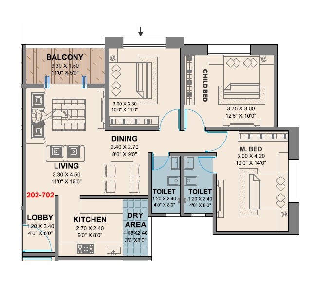 Floor plan of 3 BHK 1061 Sq. Ft. Apartment in Steadfast Saffron Residency, Pune