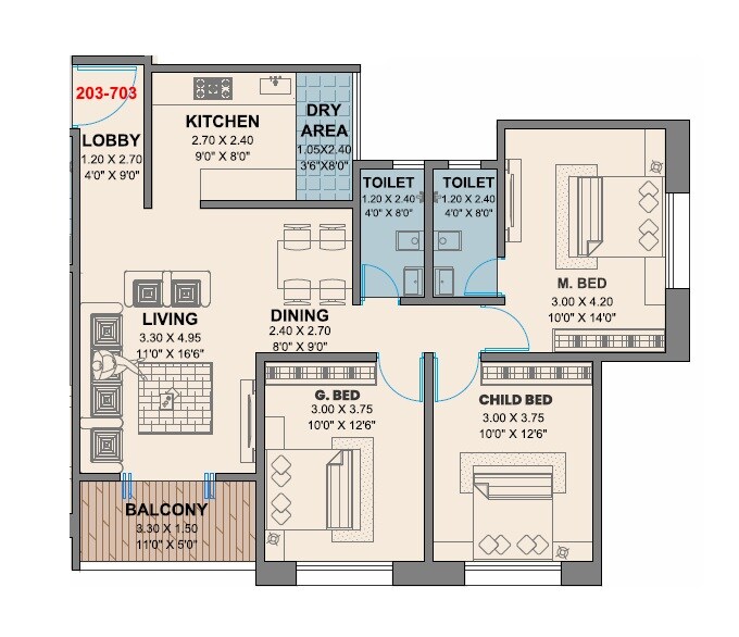 Floor plan of 3 BHK 901 Sq. Ft. Apartment in Steadfast Saffron Residency, Pune