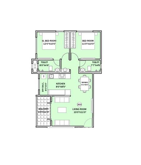 Floor plan of 2 BHK 806 Sq. Ft. Apartment in Subhagya Kedar Residency, Pune