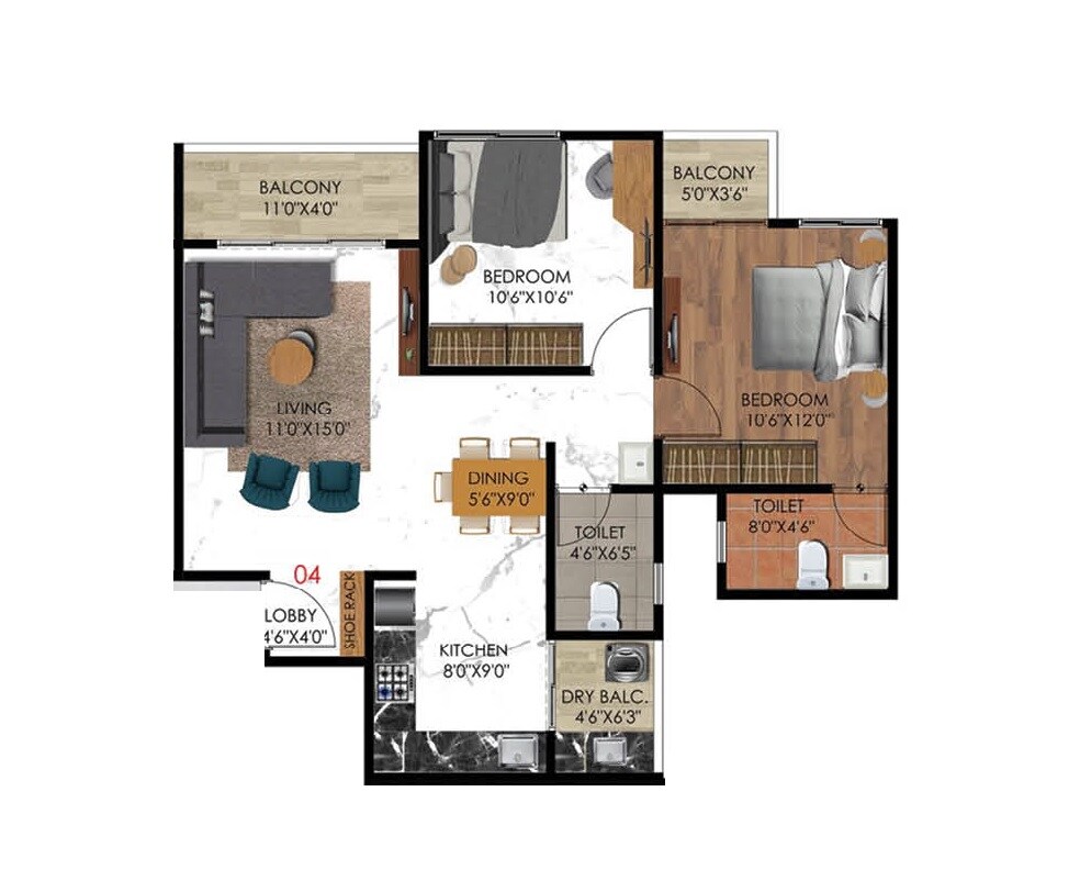 Floor plan of 2 BHK 663 Sq. Ft. Apartment in Success Windsor Tower, Pune