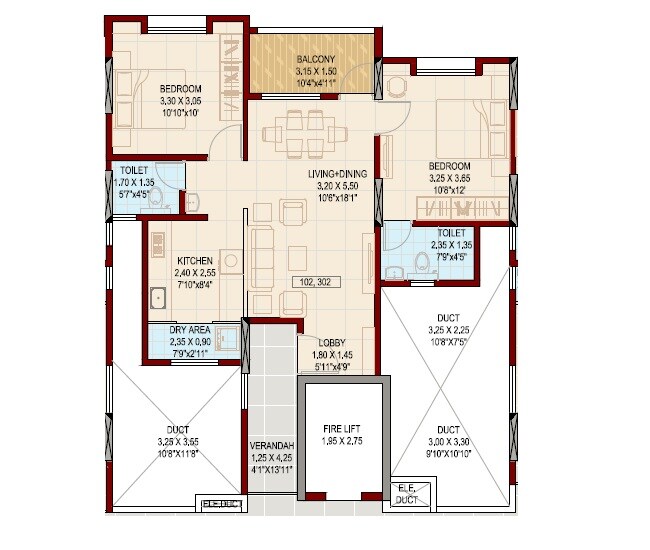 Floor plan of 2 BHK 736 Sq. Ft. Apartment in Suhas Suman Kunj, Pune