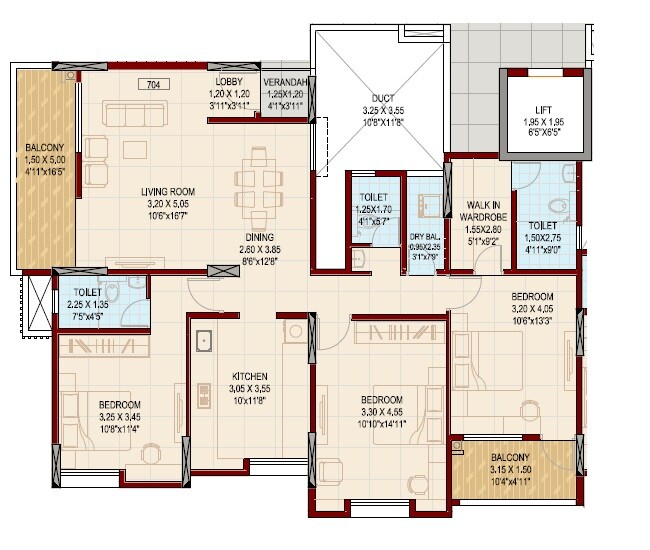 Floor plan of 3 BHK 1308 Sq. Ft. Apartment in Suhas Suman Kunj, Pune