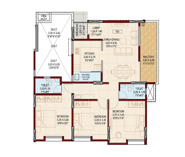 Floor plan of 3 BHK 941 Sq. Ft. Apartment in Suhas Suman Kunj, Pune