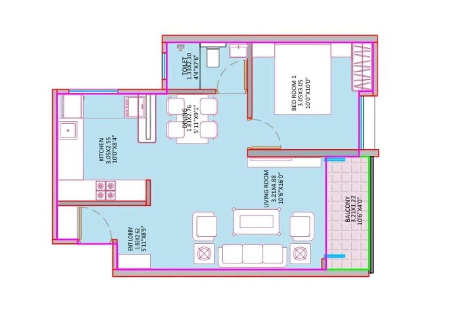 Floor plan of 1 BHK 551 Sq. Ft. Apartment in Sujit Sky Lavish, Pune