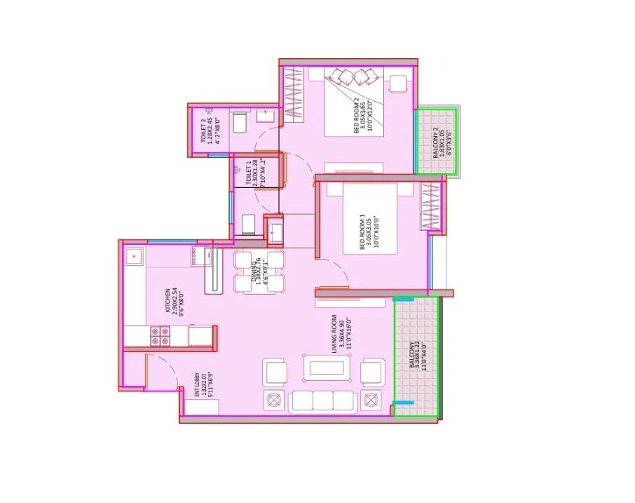 Floor plan of 2 BHK 728 Sq. Ft. Apartment in Sujit Sky Lavish, Pune