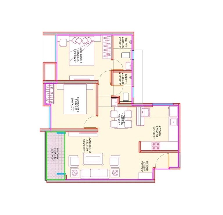 Floor plan of 2 BHK 757 Sq. Ft. Apartment in Sujit Sky Lavish, Pune
