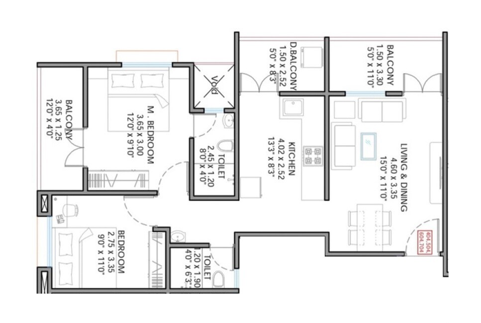 Floor plan of 2 BHK 748 Sq. Ft. Apartment in Sukhda Inspira, Pune