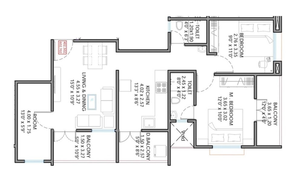Floor plan of 2 BHK 827 Sq. Ft. Apartment in Sukhda Inspira, Pune