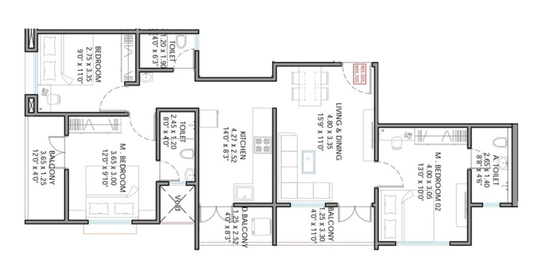 Floor plan of 3 BHK 929 Sq. Ft. Apartment in Sukhda Inspira, Pune