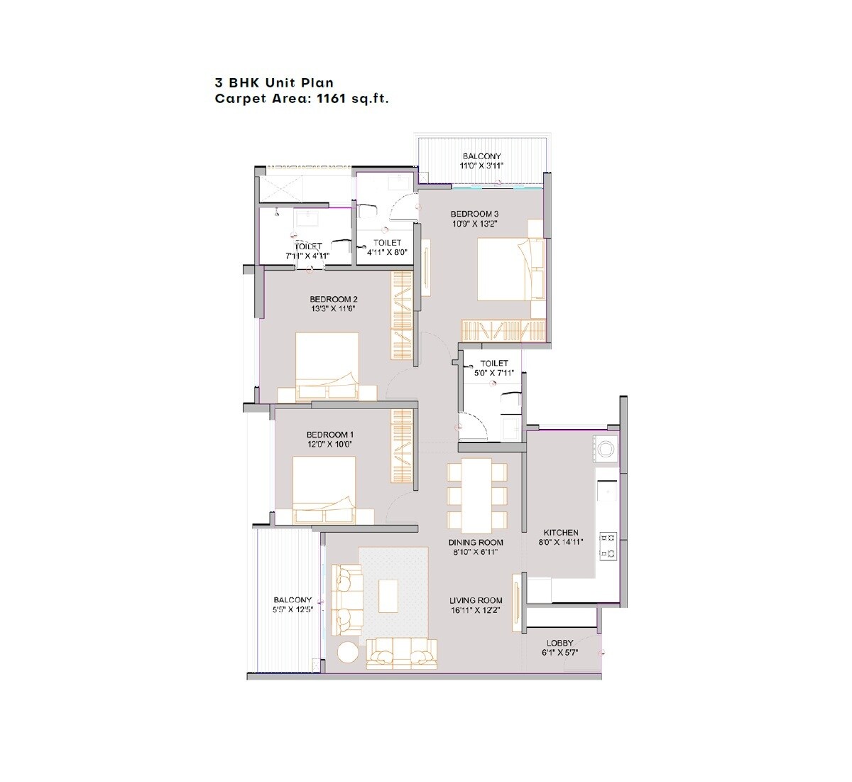 3 BHK 1161 Sq. Ft. Apartment