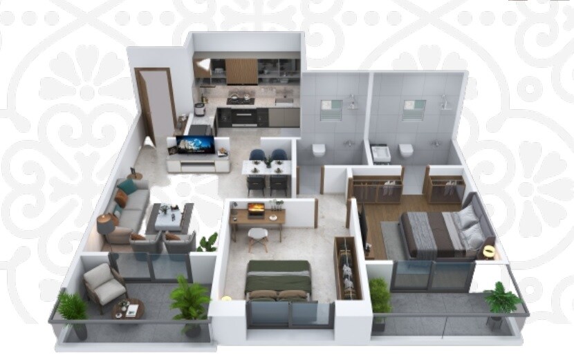 Floor plan of 2 BHK 688 Sq. Ft. Apartment in Sukhwani Araya, Pune