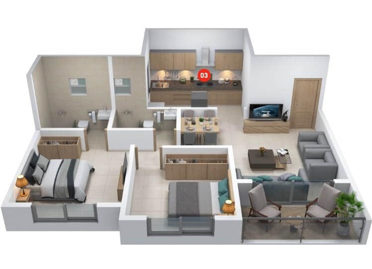 Floor plan of 2 BHK 672 Sq. Ft. Apartment in Sukhwani Artize, Pune
