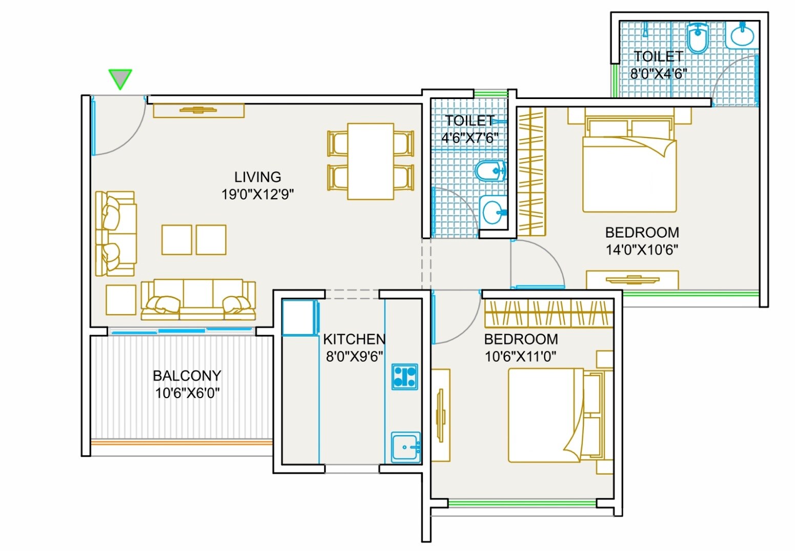 Floor plan of 2 BHK 727 Sq. Ft. Apartment in Sukhwani Aspire, Pune