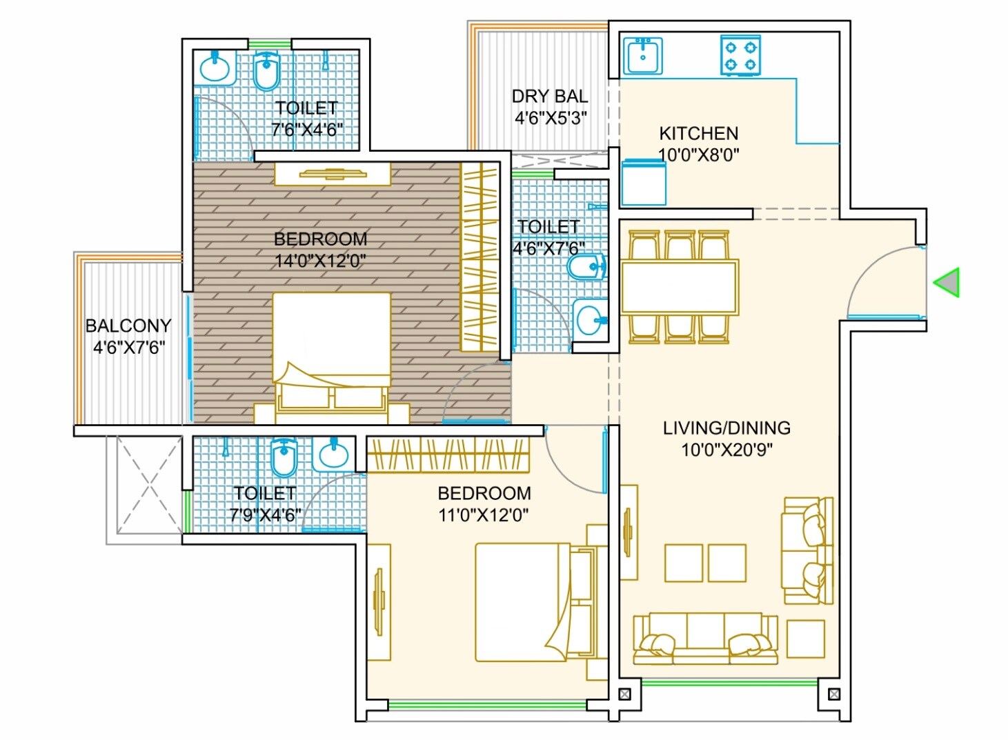 Floor plan of 2 BHK 820 Sq. Ft. Apartment in Sukhwani Aspire, Pune
