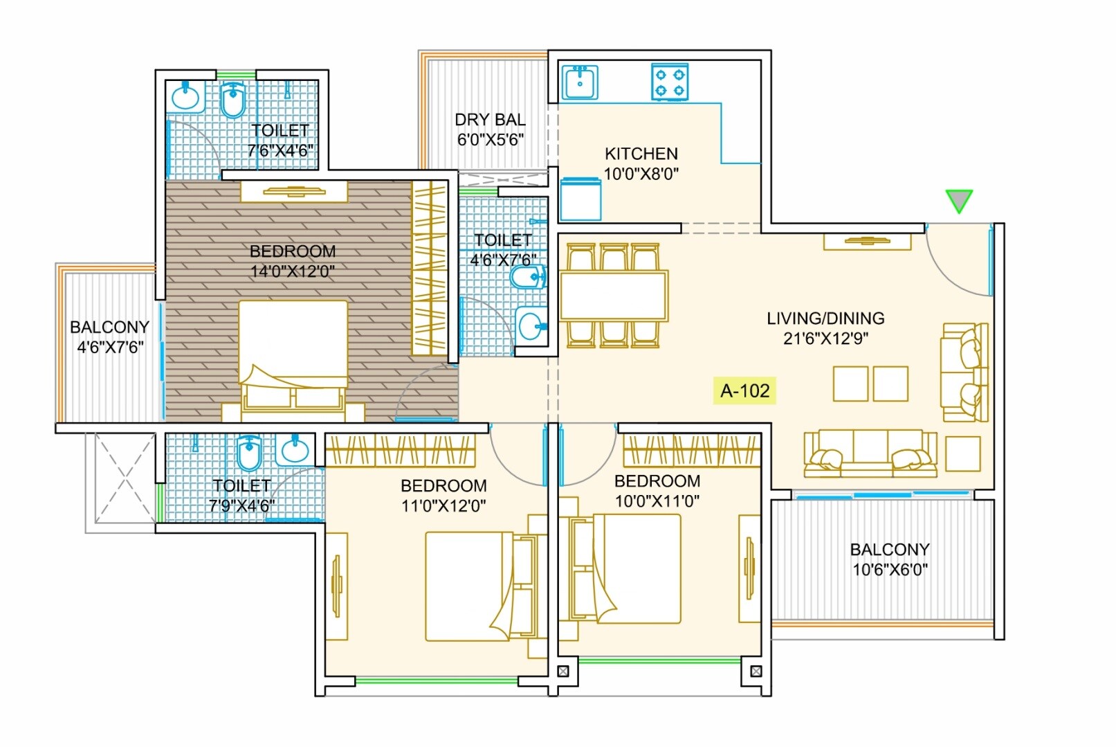 Floor plan of 3 BHK 1030 Sq. Ft. Apartment in Sukhwani Aspire, Pune