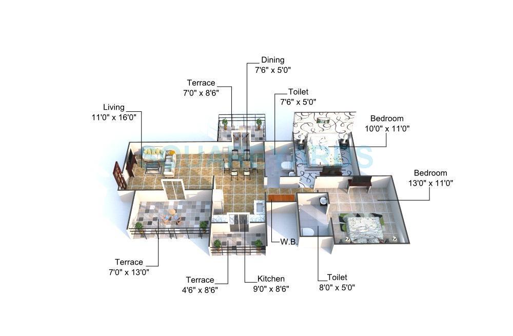 Floor plan of 2 BHK 1055 Sq. Ft. Apartment in Sukhwani Callisto, Pune