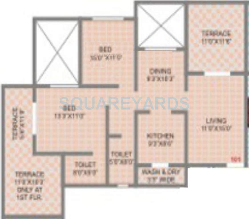 Floor plan of 2 BHK 1100 Sq. Ft. Apartment in Sukhwani Campus, Pune