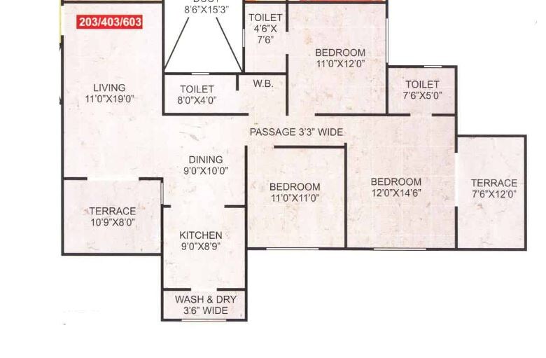 Floor plan of 3 BHK 1215 Sq. Ft. Apartment in Sukhwani Campus, Pune