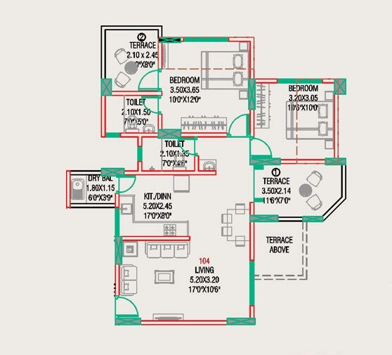 Floor plan of 2 BHK 663 Sq. Ft. Apartment in Sukhwani Celaeno, Pune