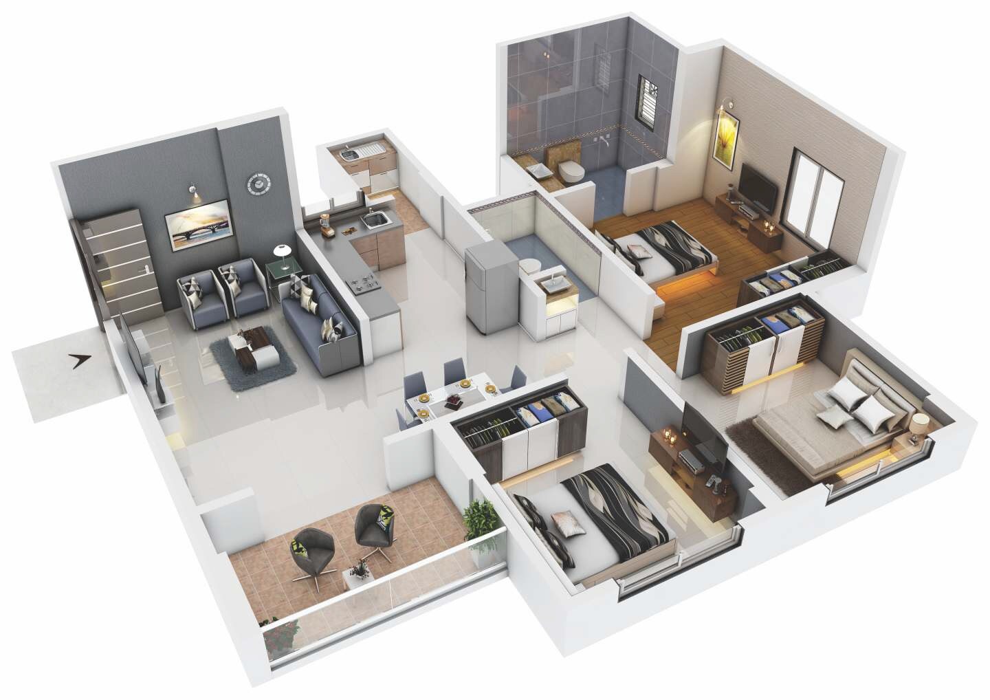 3 BHK 736 Sq. Ft. Apartment