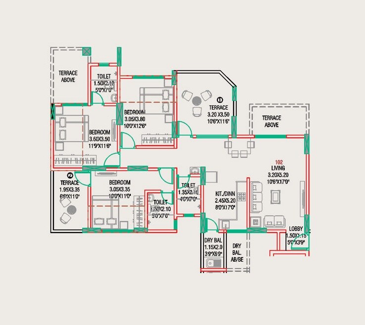 Floor plan of 3 BHK 1325 Sq. Ft. Apartment in Sukhwani Celaeno, Pune
