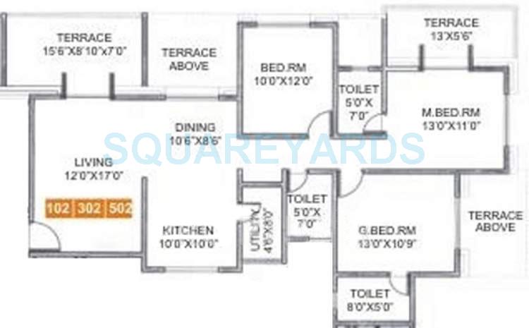 Floor plan of 3 BHK 1475 Sq. Ft. Apartment in Sukhwani Elmwoods, Pune