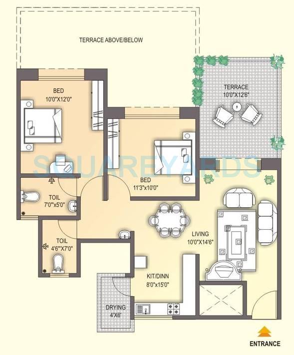 Floor plan of 2 BHK 1100 Sq. Ft. Apartment in Sukhwani Gulmohar Garden, Pune