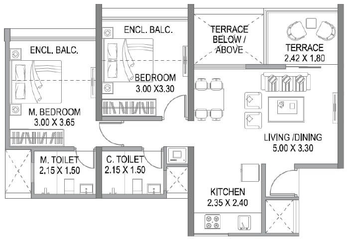 Floor plan of 2 BHK 732 Sq. Ft. Apartment in Sukhwani Hermosa Casa, Pune