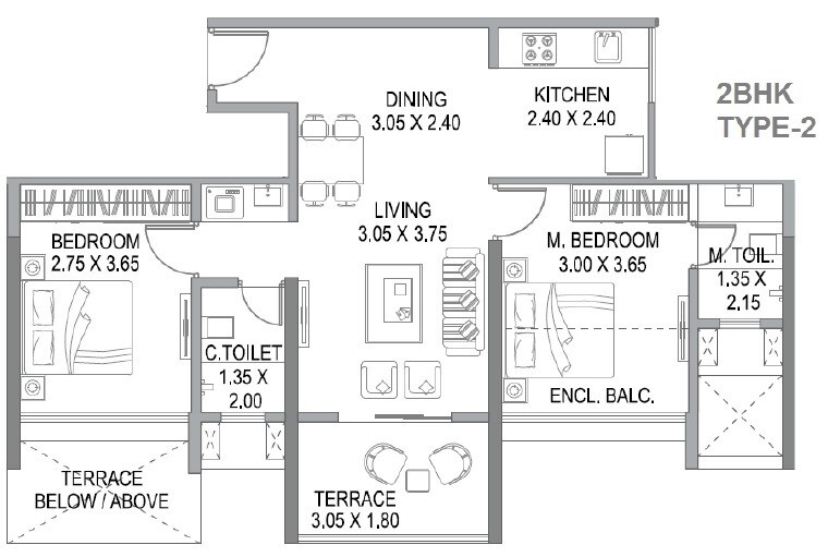 Floor plan of 2 BHK 784 Sq. Ft. Apartment in Sukhwani Hermosa Casa, Pune